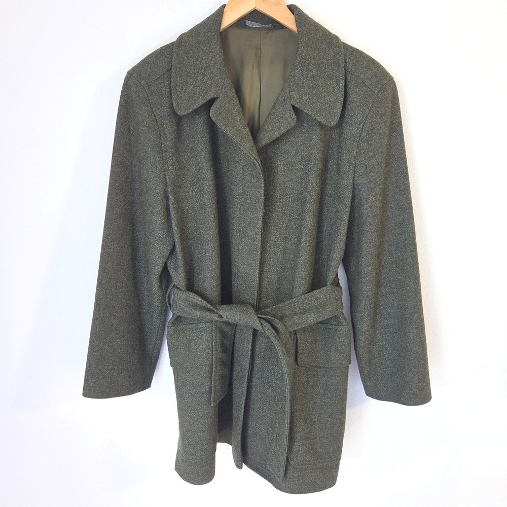 Laura Ashley Vintage 100% Wool Belted Coat Olive Green Made in Great Britain 8